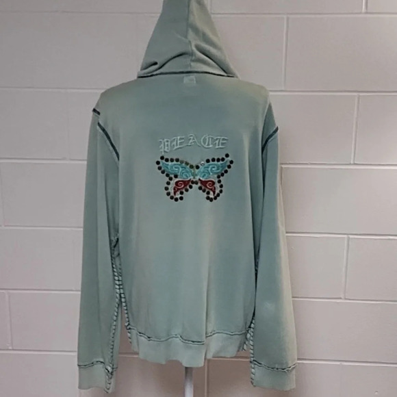 True Grit Lrg PEACE Butterfly Embroider Studs Light Green Hoodie Zip Sweatshirt - Picture 2 of 11